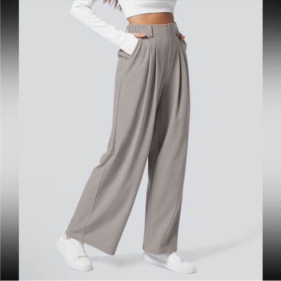 Halara Pants Womens Large Petite Gray Flex High Waisted Waffle Pleated Wide Leg - Picture 1 of 11